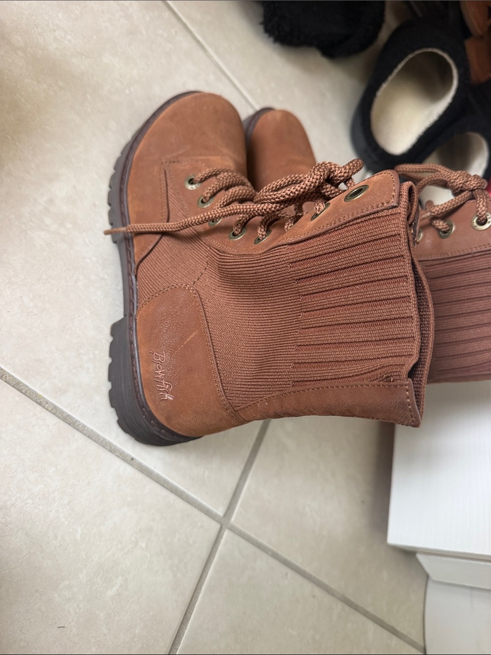Brown Kids Lace-Up Knit-Cuff Boots